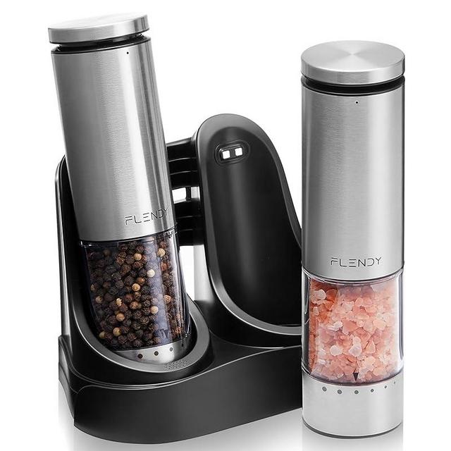 Flendy Electric Salt and Pepper Grinder Set Rechargeable, Automatic Salt and Pepper Grinder Set with Oversized Top Button, Stainless Steel Electric Salt and Pepper Shakers Set