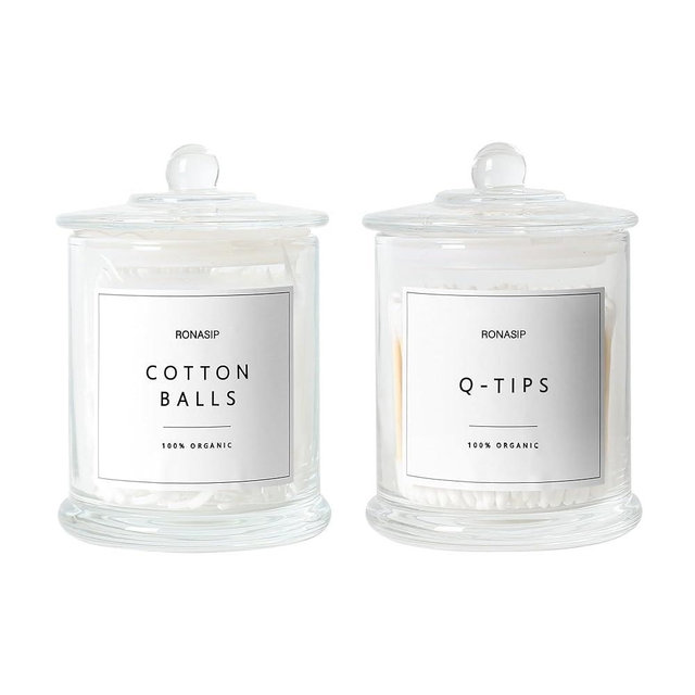 Ronasip 2 pack Cotton Buds Holder, Cotton Wool Pads Jar, 16 Oz Glass Qtip Dispenser Holder for Qtips, Swabs,Makeup Sponges (Transparent)