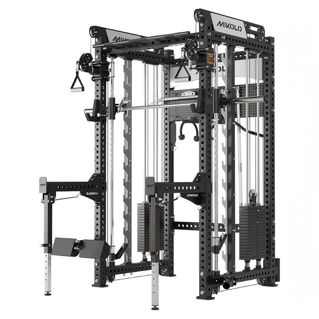 Mikolo Anubis-2.0 Smith Machine with Weight Stack, 3“×3” All-in-One Power Cage with LAT Pulldown & Cable Crossover, 3200LBS Multi-Function Trainer with Aluminum Pulley System for Fitness Home Gym
