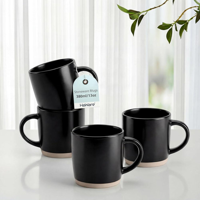 HaWare 13OZ Coffee Mugs Set of 4, Stoneware Coffee Cups, Ceramic Latte Mug for Man, Woman, Dad, Mom, Modern Tea Mugs for Latte/Cappuccino/Cocoa/Milk, Dishwasher& Microwave Safe, Frosting Black