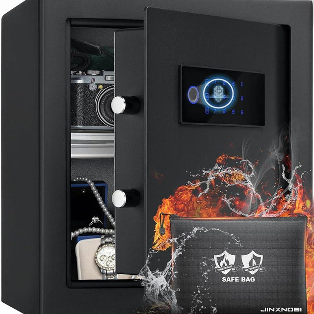 JINXNOBI 1.33 Cubic Feet Biometric Fingerprint Safe Box,Include Fireproof Waterproof Safe Bag,Small Security Safe Box for Home Office Hotel,Secure Cash Documents Pistols