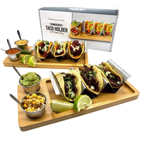 Taco Stands with Bamboo Trays - Small Sauce & Dip Cups with Little Spoons - Oven, Grill, in a Gift Box