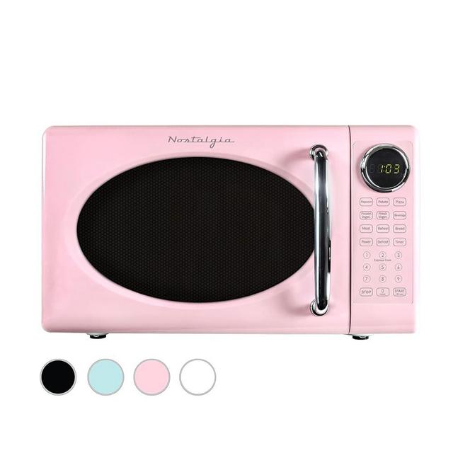 Nostalgia Retro Microwave Oven 0.7 Cu Ft, 700-Watt Countertop Size with Glass Turntable, Child Safety Lock, 8 Auto-Cook Programs, Digital Clock, Pink