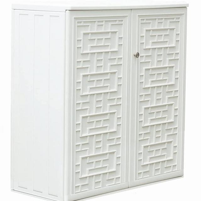 Mrossa Indoor Outdoor Storage Cabinet Waterproof with 2 Shelves,Off White Plastic Outdoor Cabinets for Patio/Garden/Backyard, Size 34.3''L*15''W*36.2''H
