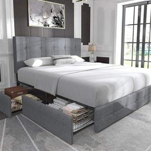 Allewie Upholstered Queen Size Platform Bed Frame with 4 Storage Drawers and Headboard, Square Stitched Button Tufted, Mattress Foundation with Wooden Slats Support, No Box Spring Needed, Light Grey