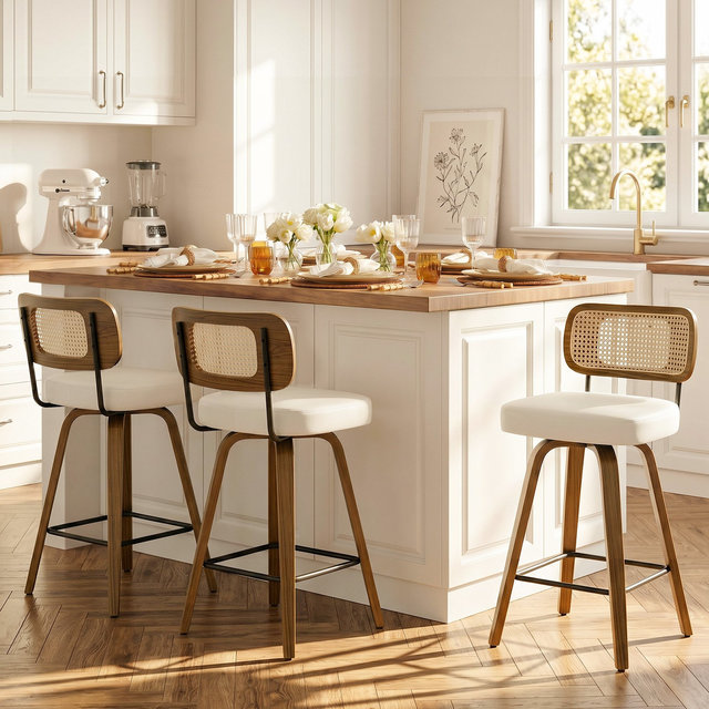 Bekrvio 26" Set of 3 Counter Height Swivel Barstools, Mid Century Modern Upholstered Faux Leather Bar Stools with Rattan Back & Wood Legs, White