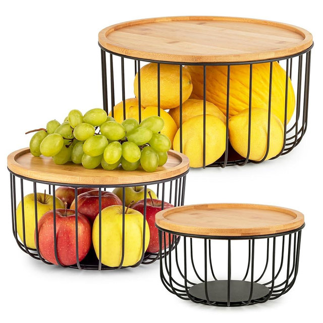 Fruit Basket for Kitchen Counter Set of 3 - Large Stackable Baskets with Bamboo Lid - Perfect Holder For Fruit and Vegetable Storage - Keep Your Countertop Classy, Tidy and Slightly Fruity!