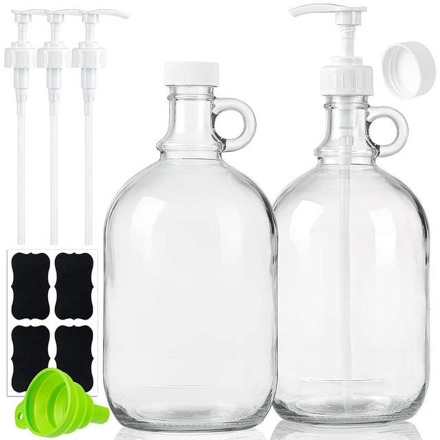 Sovietiep 2 Pack 64 Oz Laundry Detergent Dispenser with Pump and Lid - Half Gallon Glass Pump Bottle for Laundry Soap Dispenser, Liquid Detergent, Fabric Softener Dispenser - Extra Label, Funnel