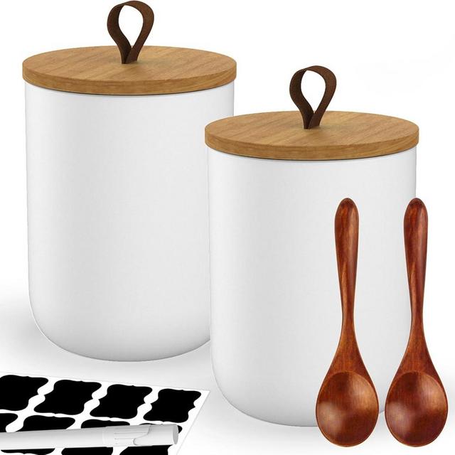 LOYOSEL Canister Sets for Kitchen, Set of 2, Ceramic Canisters Jar for Coffee Flour Sugar Storage Containers with Airtight Lid, Wooden Spoon and Labels, Kitchen Decor (27 OZ, 2 Pack)