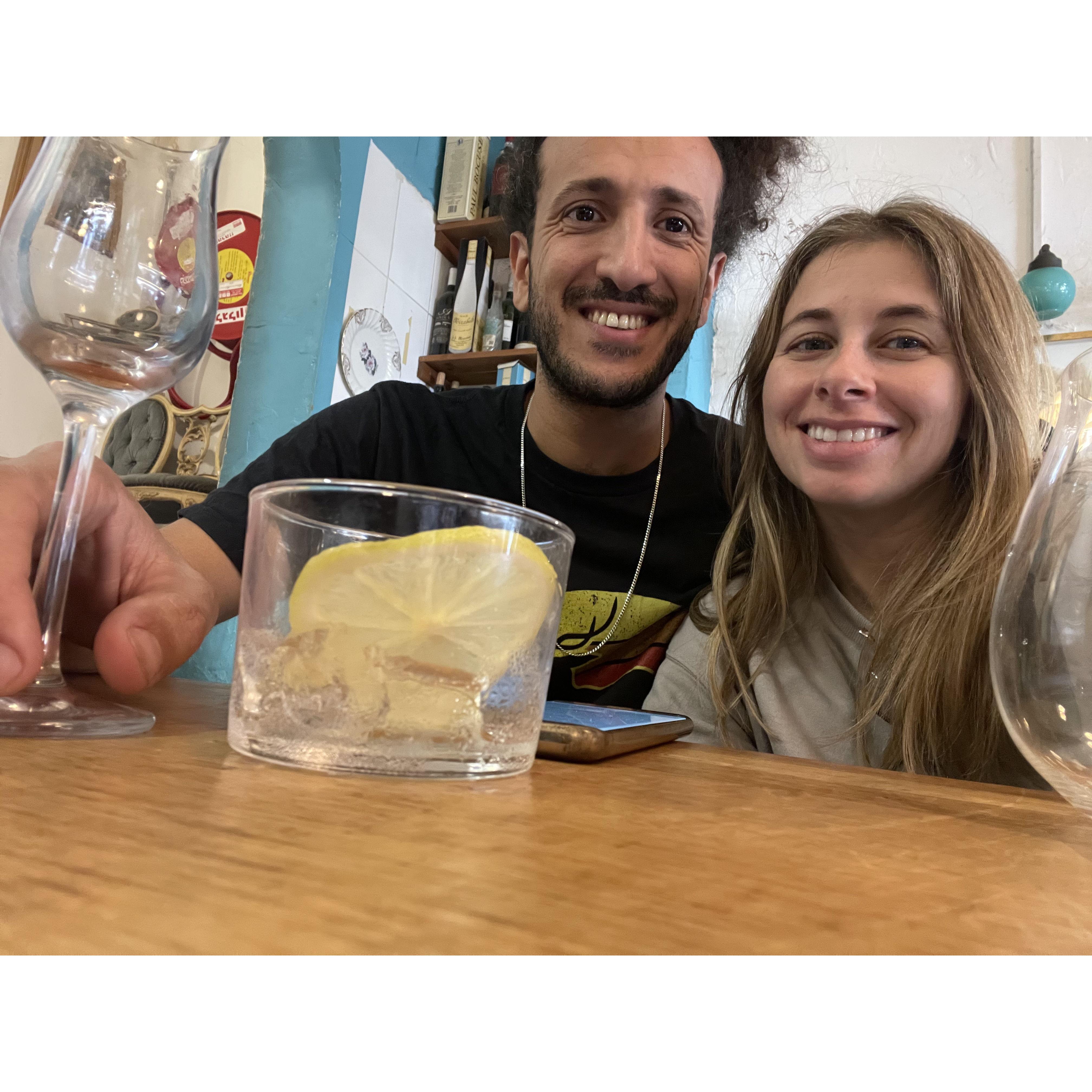 After only 3 weeks of dating, Aviel suggested we go to Haifa for a night to see the Xmas festival. Sarah barely knew him! But she decided to go with it- it was so much fun. Here we are having a drink.