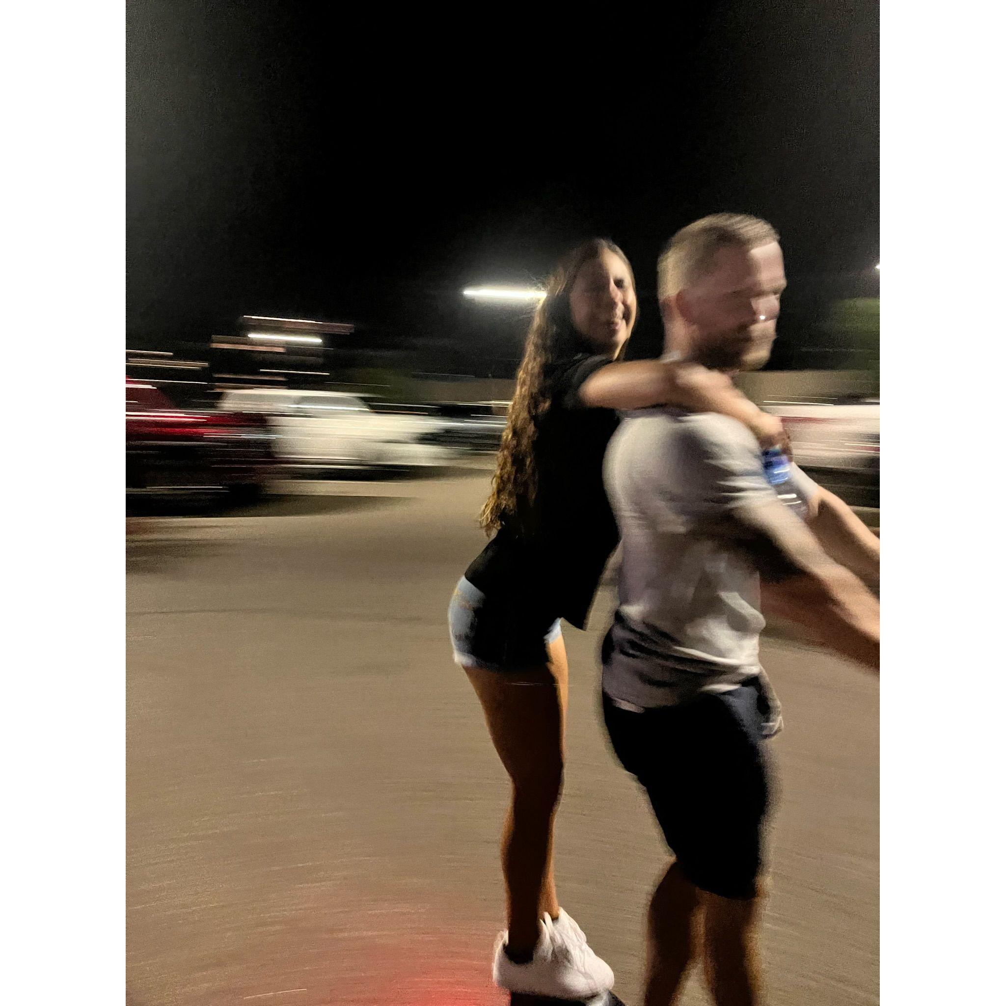 Riding scooters in downtown.