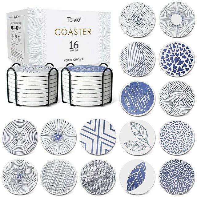 Absorbing Stone Coasters for Drinks Cork Base, with 2 Holder, for Housewarming, Apartment Kitchen Room Bar Decor, Suitable for Wooden Table, Set of 16 (Blue)