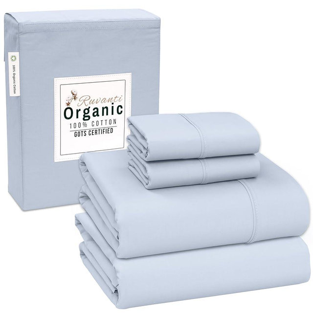 RUVANTI 100% Organic Cotton Sheets Queen Size Bed Set, 4 PC Cotton Queen Sheet Set, Soft & Breathable Crispy Percale Weave, Deep Pocket Queen Sheets, Hotel Quality Bed Sheets Queen Size - Arctic Ice