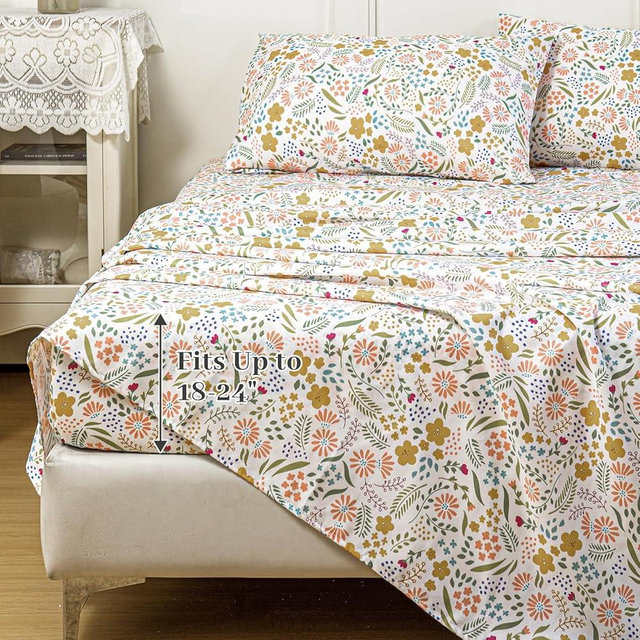 MEISHANG King Sheet Set - Extra Deep Pocket Floral Sheets - Ultra Soft 1800 Luxury Microfiber for 18"-24" Mattresses - Cooling,Breathable,Wrinkle Free - 4Pieces(King,Yellow Vintage Flower)
