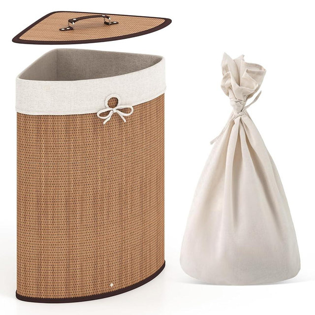 Giantex Corner Laundry Hamper with Lid, 58 L Bamboo Laundry Basket with Removable Liner & Handle, Triangle Clothes Hamper for Small Spaces, Bedroom, Bathroom, Laundry & Living Room (Bamboo)