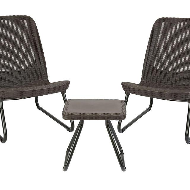 Keter Rio 3 Pc All Weather Outdoor Patio Garden Conversation Chair & Table Set Furniture, Brown