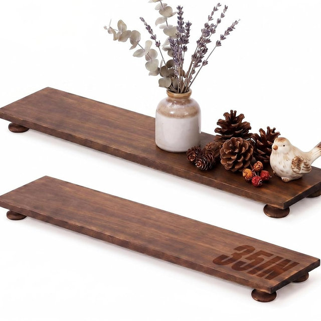 Briwooody 35 Inch Large Acacia Wood Riser Pedestal Stand Long Farmhouse Wood Tray Display Riser for Kitchen and Bathroom Kitchen Counter Display Plant Jewelry Holder Vanity Tray Candle Stand