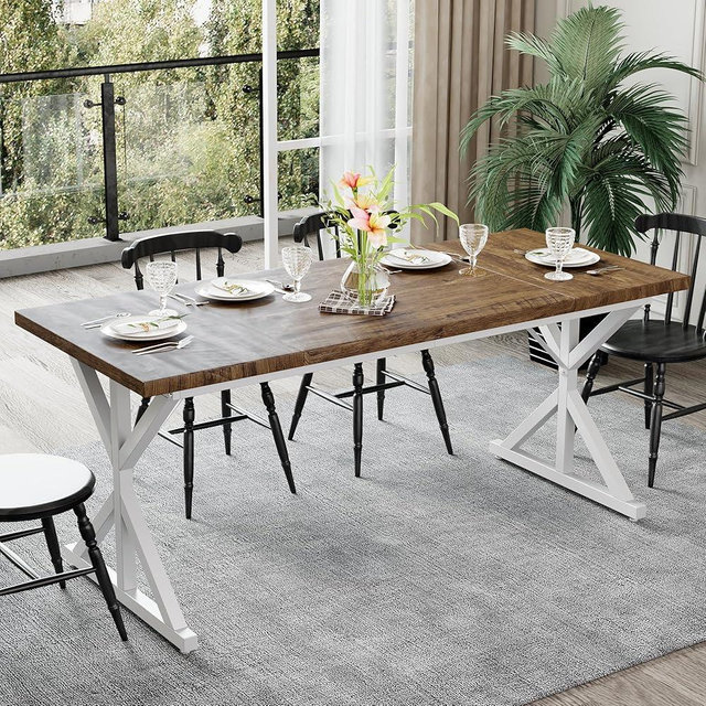AMICLIBER Farmhouse Dining Table for 6-8 People, 70.8 Inch Rectangular Wood Dining Table, Rustic Kitchen Table with Extra Heavy Duty Metal Legs for Dining Room - Rustic Oak/White