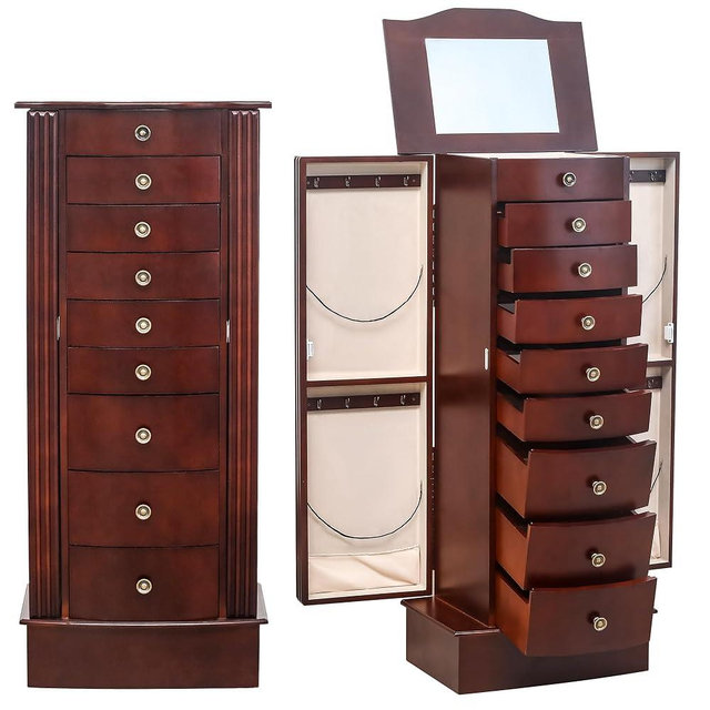 AVAWING 8 Drawers Jewelry Armoire, Standing Jewelry Box with Top Flip Makeup Mirror, Wood Jewelry Cabinet with Side Swing Doors for Women, Brown