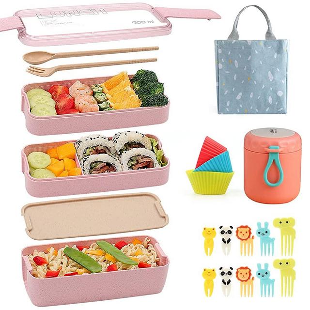 Ozazuco Bento Box Japanese Lunch Box,3-In-1 Compartment - Wheat Straw, Leakproof Eco-Friendly Bento Lunch Box Meal Prep Containers for Kids & Adults（14pcs，pink）