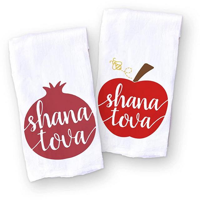 Rosh Hashanah Kitchen Towels | Shana Tova Jewish New Year Gift | Hostess Gift Pomegrante and Apple Bee Designs, Set of 2