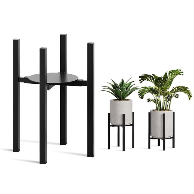 Rioneta Adjustable Metal Plant Stand Indoor, Mid Century Modern Outdoor Planter Holder for 9 to 15 Inch Pots, Heavy Duty 160 LB Load, Corner Floor Stand for Home Garden Decor Black with Round Plate