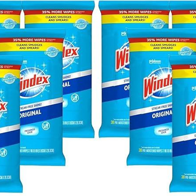 Windex Glass Cleaning Wipes, Pre-Moistened Glass and Surface Wipes to Clean Home Surfaces, Household Essentials, Original Scent, 38 Count (Pack of 12)