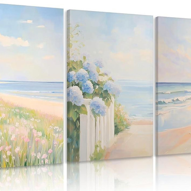 3Pcs Pastel Coastal Wall Art Pink Beach & Blue Hydrangea Pictures Wall Decor Ocean Wildflowers Posters Summer Beachy Preppy Painting Print Artwork for Beach House Bedroom Dorm Apartment, Framed