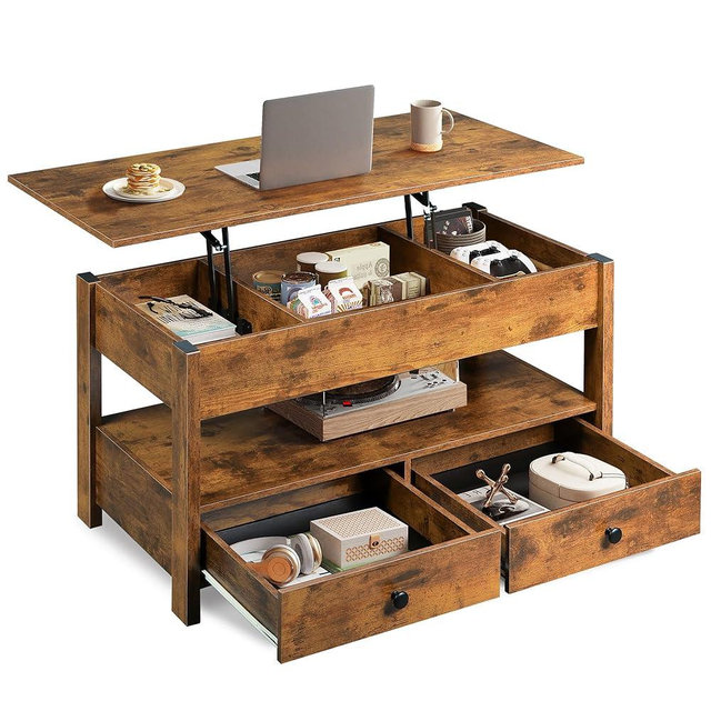 WLIVE Coffee Table, Lift Top Coffee Table with 2 Drawers, Large Hidden Compartment and Open Storage Shelf, Lift Tabletop, Dining Table for Living Room, Rustic Brown