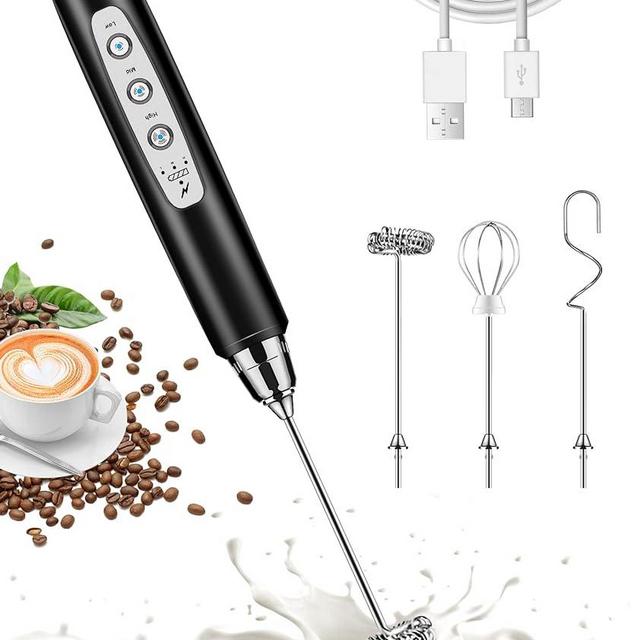 Nahida Handheld Milk Frother for Coffee, Rechargeable Drink Mixer with 3 Heads 3 Speeds Electric Whisk Coffee Frother For Latte, Cappuccino, Hot Chocolate, Egg - Black