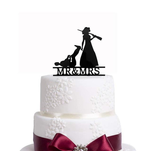 Bridal Garter Hunter Rifle Wedding Cake Topper - The Hunt is Over, Bride Dragging Groom Funny Mr and Mrs Cake Topper