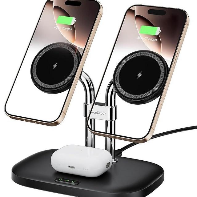 SwanScout Wireless Charger for iPhone 16 15, SwanScout 706M, Dual Magnetic Charger for iPhone 14/13/12 Series, Charging Station for AirPods Pro 2, AirPods 4/3rd (Black)