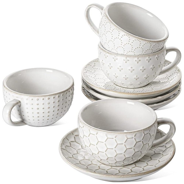 LE TAUCI 6 oz Cappuccino Cups with Saucers, House-warming Gift, Ceramic Embossment Coffee Cup for Au Lait, Double shot, Latte, Cafe Mocha, Tea - Set of 4, Arctic white
