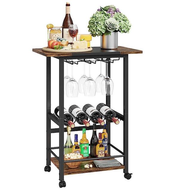 YAOHUOO Bar Cart, Serving Cart for Home, Microwave Cart, Drink Cart, Mobile Kitchen Shelf with Wine Rack and Glass Holder, Rolling Beverage Cart(23.62", 3 Leaves)