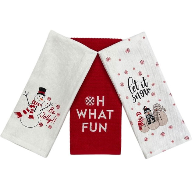 Holiday Christmas Kitchen Bath Dish Hand Towels: Be Jolly Let it Snow Herringbone and Oh What Fun Waffle Embroidered Designs, 3 pc Red White, 100% Cotton 15" x 25" for Hands, Dishes or Home Décor