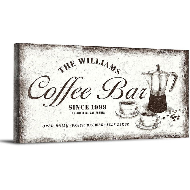 Custom Personalized Canvas Coffee Bar Sign, Rustic Cafe Sign, Coffee-Themed Wall Art Decor for Kitchens, Cafes, and Family Spaces, coffee maker,Distressed White