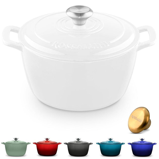 ROSSALLINI Signature Enameled Cast Iron Dutch Oven, Non-Stick Serving Pot with Tight Fitting Lid for Perfect Roasting, Baking, Sauteing, and Bread Making | 5.5Q (5.2L) - White