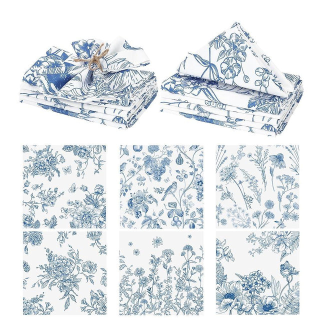 Kochorie 12 Pieces Blue Floral Cloth Napkins, 18 x 18 Inch Reusable Soft Fabric Napkins, Washable Flower Dinner Cocktail Napkin for Spring Summer Tea Party Holiday Home Kitchen Wedding Restaurant