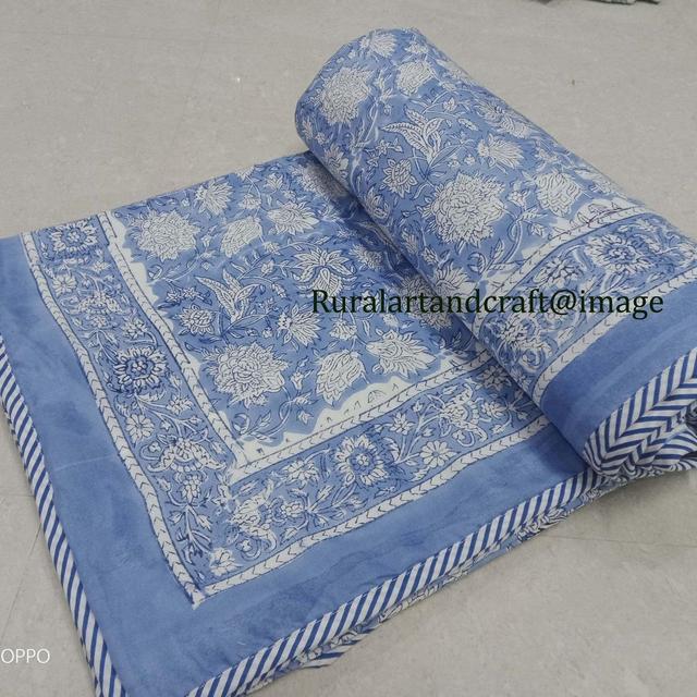 Hand Block Print Cotton Dohar Handmade Ac Blanket Reversible Dohar Ac Comforter Indian Quilt Blue Floral Print Blanket Throw