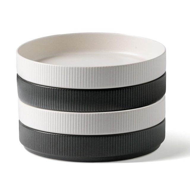 famiware Star 7.5" Pasta Bowls Set, Salad Bowl Set of 4, Double Reactive Glaze, Stackable, Perfect for Your Friend for Housewarming, Thanksgiving, Christmas, Dark Charcoal & White Full Glaze Matte