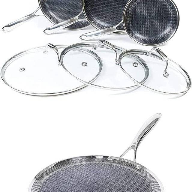 HexClad 7 Piece Nonstick Hybrid Stainless Steel Cookware Set - 6 Piece Frying Pan Set, 12 Inch Griddle Skillet - Metal Utensil and Dishwasher Safe, Induction Ready, PFOA-Free, Easy to Clean