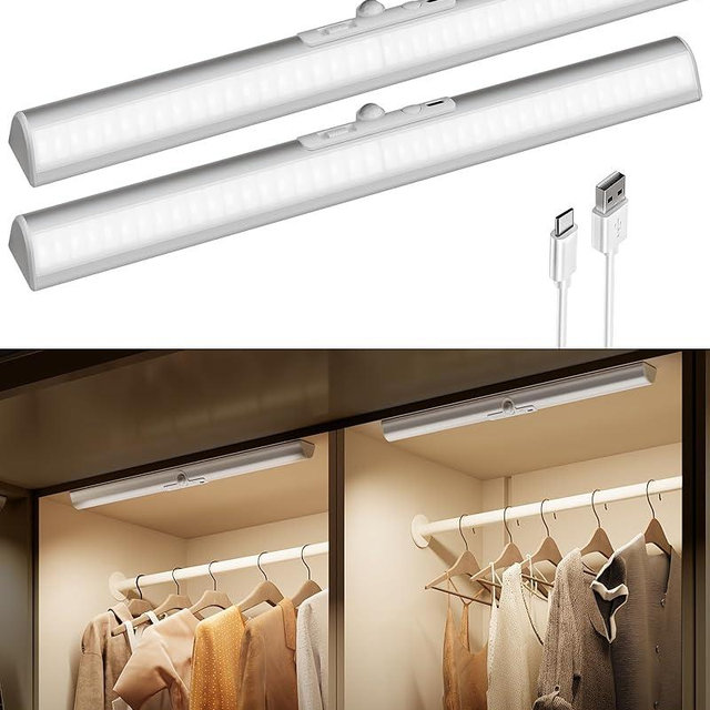 EZVALO 17Inch Motion Sensor Closet Lights, 3600mAh Rechargeable Battery LED Cabinet Lights, 150 Lumens No-Glare Curved, 3 Color Temps & Dimmable Pantry Lights for Wardrobe, Shelves - 2Pack