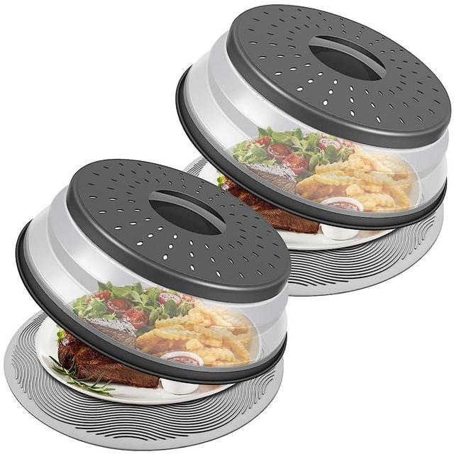 Pack 2, LekDrok Microwave Food Cover with Mat 10 Inch, Mat as Bowl Holder, Cover for Splatter Guard, Collapsible Lid for Plate, Multi-Use Silicone Mat & Kitchen Colander Gadget for Meal Prep, Charcoal