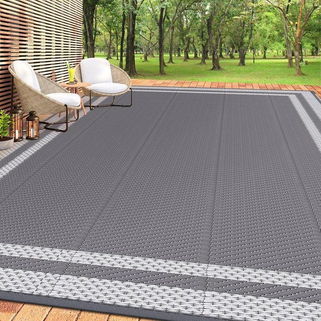 HappyTrends Outdoor Rug Reversible Portable Plastic Straw Camping Rugs for Outside RV,Large Waterproof Outdoor Area Rugs for Patio,Deck,Porch,Balcony (White&Gray, 8' x 10' (Rectangular))