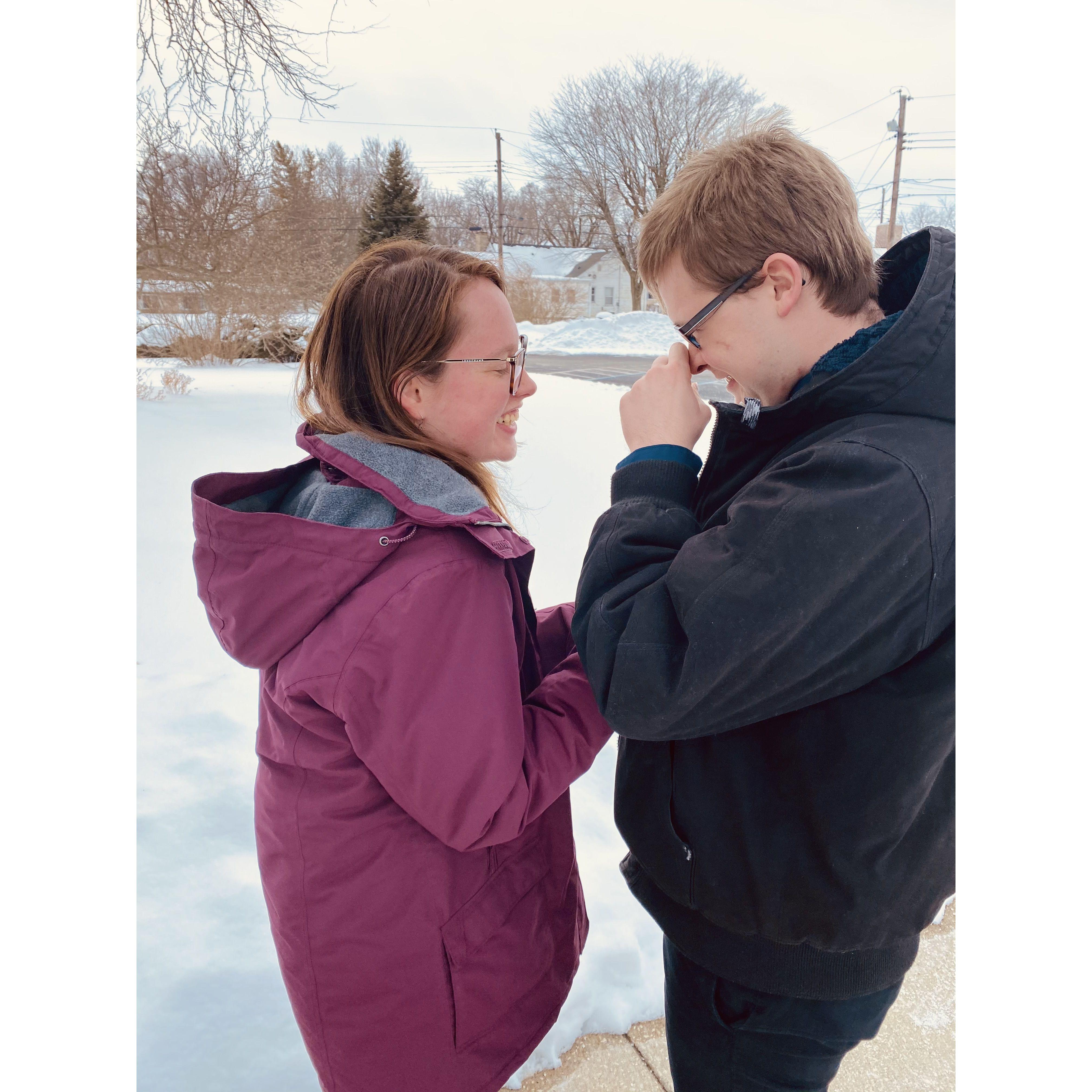 Feb 2021: Trying to give each other the courage to take off our coats for a quick photoshoot!