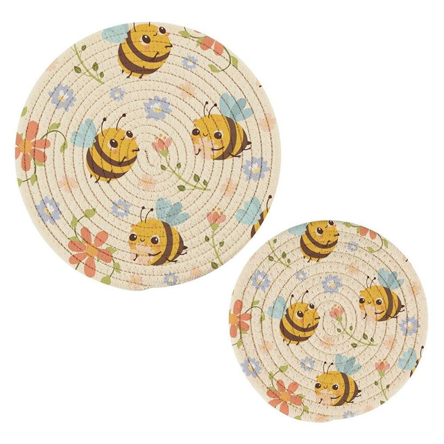 ElliTarr Pot Holders Trivets 2 PC Potholders for Kitchen Cotton Trivets for Hot Dishes Pans Cotton Thread Weave Trivet Mat Heat Resistant Decorative Round Protect Countertop Bee
