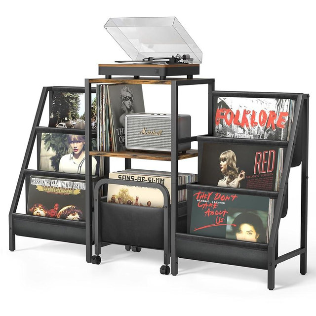 Record Player Stand with Vinyl Storage Cart, Record Player Table with Record Storage 200 Albums, Turntable Stand with Record Holder Vinyl Display Shelf, Record Cabinet Media Stereo