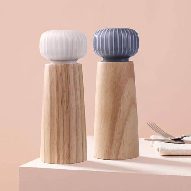 HAIPUSEN Wood and Ceramic Pepper Grinder Set - Salt and Pepper Mill Spice Mill with Adjustable Coarseness, 7 inches (with Tray)