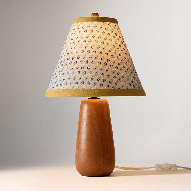 Emma Chamberlain Wooden Table Lamp, 10", Blue Floral, Cool Walnut
