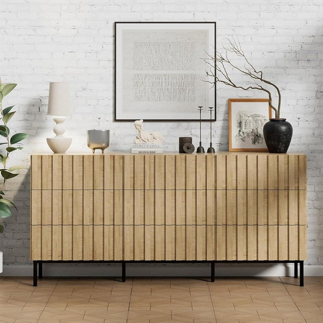 UEV 59" Fluted Dresser with 9 Drawers, 9 Drawer Dresser for Bedroom, Mid Century Style Fluted Dresser,Long Chest of Drawers TV Stand Dresser for Bedroom,Hallway(Ivory White)